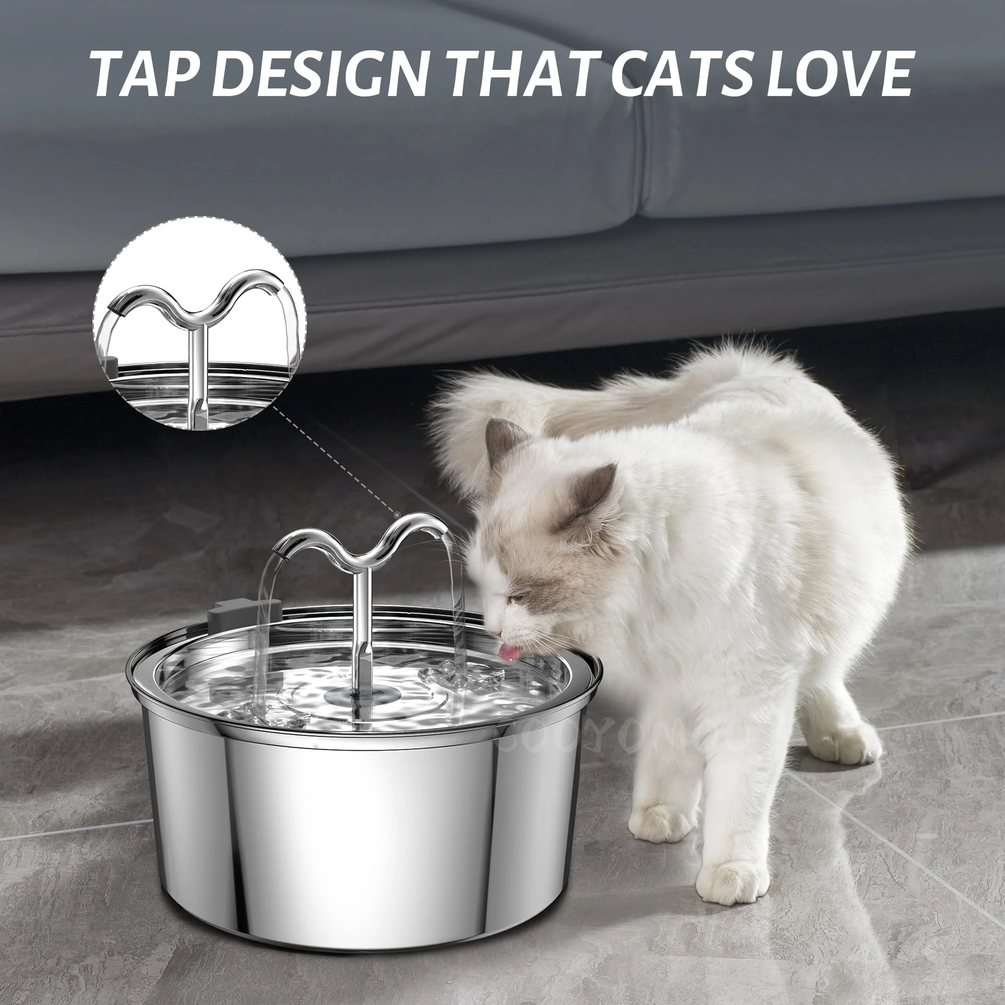 Fontaine à eau pour chat 3.2L'Acier inoxydable Distributeur d'eau pour animaux de compagnie Filtres automatiques Pompe silencieuse Abreuvoir pour chien pour plusieurs animaux de compagnie