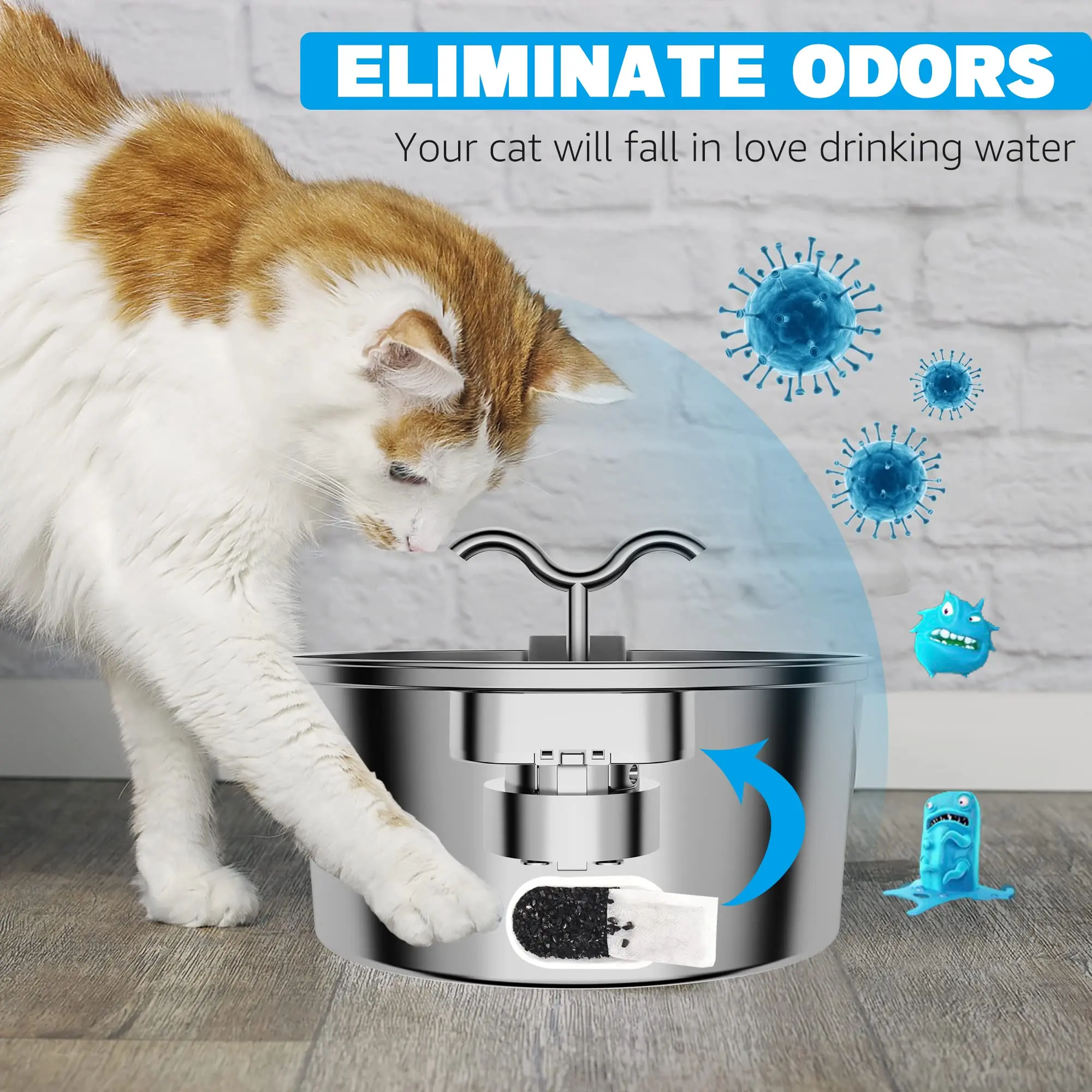 Fontaine à eau pour chat 3.2L'Acier inoxydable Distributeur d'eau pour animaux de compagnie Filtres automatiques Pompe silencieuse Abreuvoir pour chien pour plusieurs animaux de compagnie