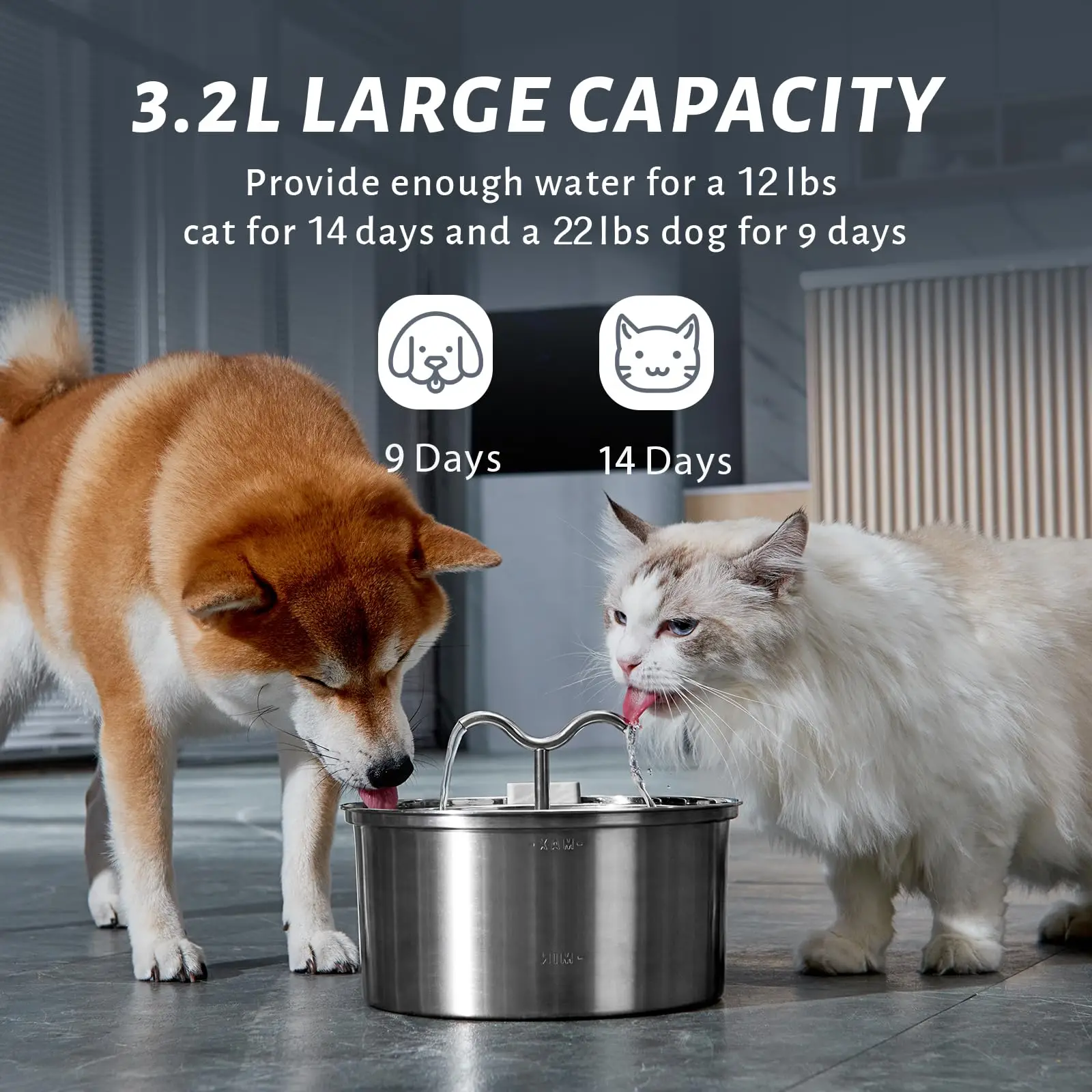 Cat Water Fountain 3.2L'Stainless Steel Pet Water Dispenser Automatic Filters Quiet Pump Dog Drinking Fountain for Multiple Pets