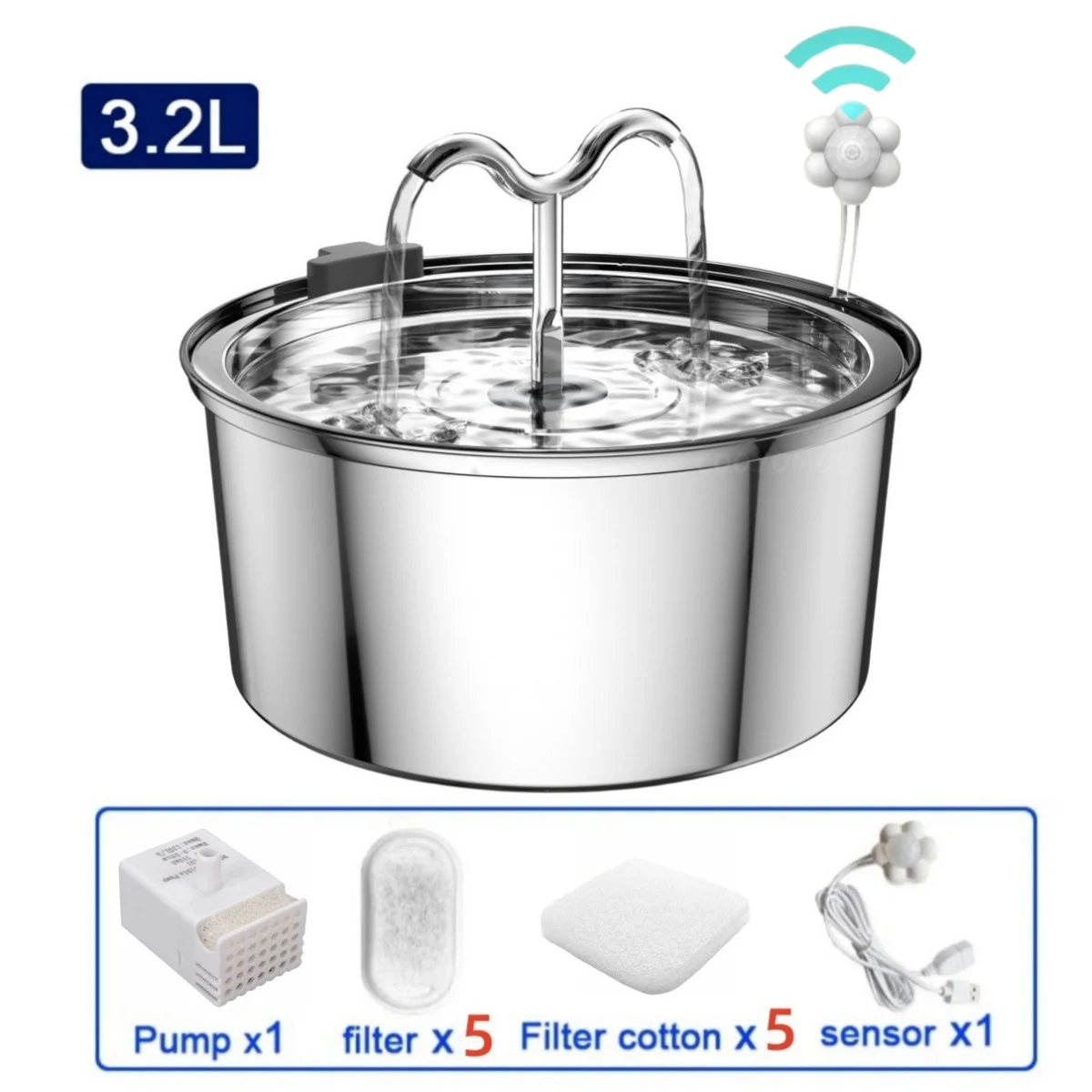 Kat Water Fontein 3.2L'Roestvrij Staal Huisdier Water Dispenser Automatische Filters Stille Pomp Hond Drinken Fontein voor Meerdere Huisdieren