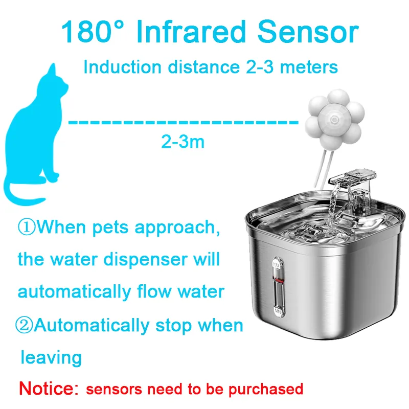 Fuente de Acero Inoxidable con Marca de Agua Dispensador Automático de Agua para Gatos Filtro Sensor Gato Mascota Bomba Ultra Silenciosa Fuente de Agua