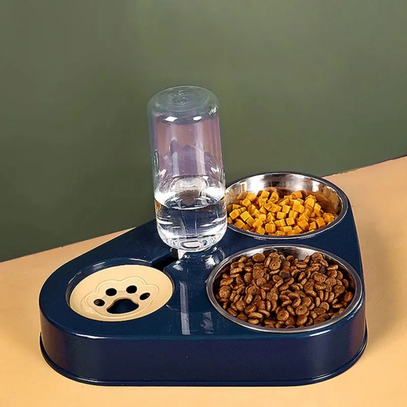 3In1 Pet Hond Kat Voedsel Kom met Fles Automatisch Drinken Feeder Fontein Draagbare Duurzame Roestvrij Staal 3 Kommen Pet Supplies