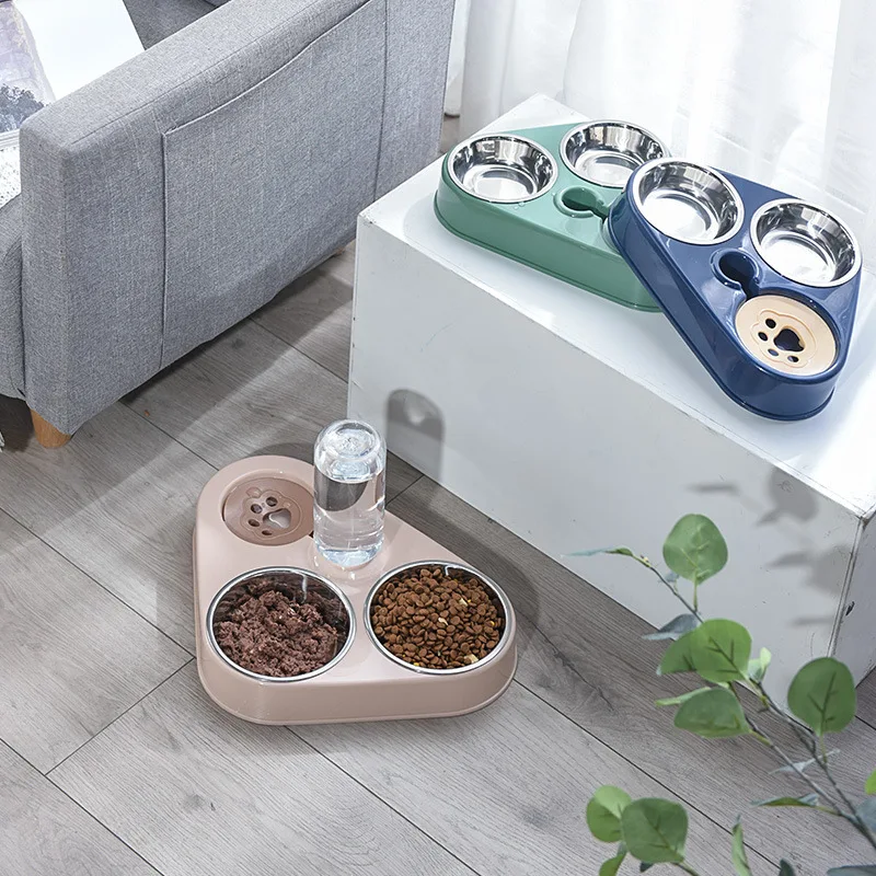 3In1 Pet Dog Cat Food Bowl with Bottle Automatic Drinking Feeder Fountain Portable Durable Stainless Steel 3 Bowls Pet Supplies 3 in 1 cat bowl