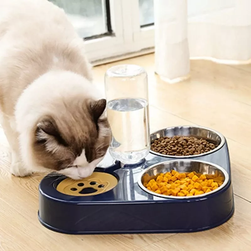 3In1 Pet Hond Kat Voedsel Kom met Fles Automatisch Drinken Feeder Fontein Draagbare Duurzame Roestvrij Staal 3 Kommen Pet Supplies